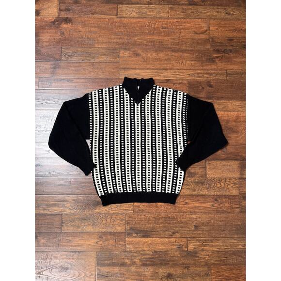 Vintage Clothing Half Zip Knit Sweater Black & White Pattern Hoopla 1989 Medium - Picture 1 of 7